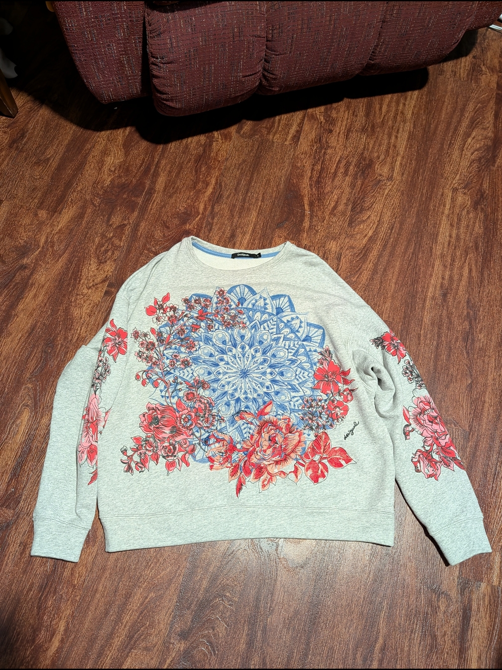 Desigual Gray Crewneck with Blue Mandala and Red Floral Design